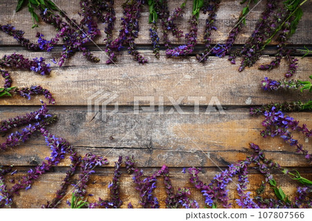 Lavender and sage flowers on a wooden table close-up. Horizontal boards of dark old wood with purple and blue flowers and leaves all around. Still life and flat lay. Free space for text. Copy space. 107807566