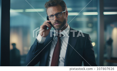 A businessman is talking on the phone with a serious face 107807616
