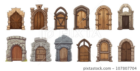 Medieval arch wooden doors in castle. Isolated cartoon ancient door in stones, kingdom gates. Game elements, old buildings entrances vector set 107807704