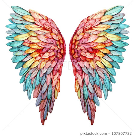 Watercolor wings. Tribal colored winged art design, magic bird plumage colorful isolated graphics on white background Watercolor wings. Tribal colored winged art design, magic bird plumage colorful isolated graphics on white background 107807722