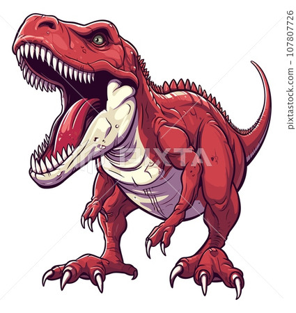 Red tyrannosaurus rex drawing. Angry t-rex with open fanged mouth color vector illustration, tyranasaurus dinosaur creature with sharp claws isolated on white 107807726