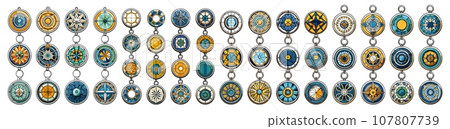 Colour bracelet chain with medallion set. Fashion jewellery charms, jwewllerys chained keychain designs isolated vector on white 107807739