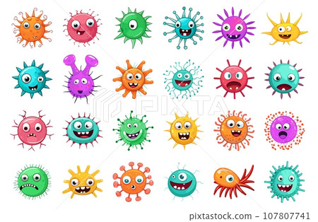 Cartoon cute virus set. Flu germs characters isolated, color doodle infect cells icons vector illustration Cartoon cute virus set. Flu germs characters isolated, color doodle infect cells icons vector illustration 107807741
