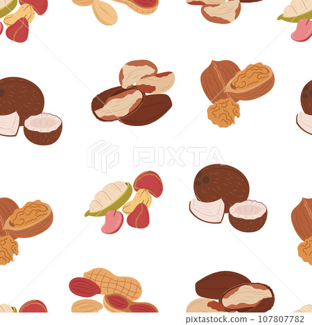 Seamless Pattern With Nuts. Almond, Walnut, Brazil And Peanut With Nutmeg. Pecan, Cashew, Pistachio And Chestnut Seamless Pattern With Nuts. Almond, Walnut, Brazil And Peanut With Nutmeg. Pecan, Cashew, Pistachio And Chestnut 107807782