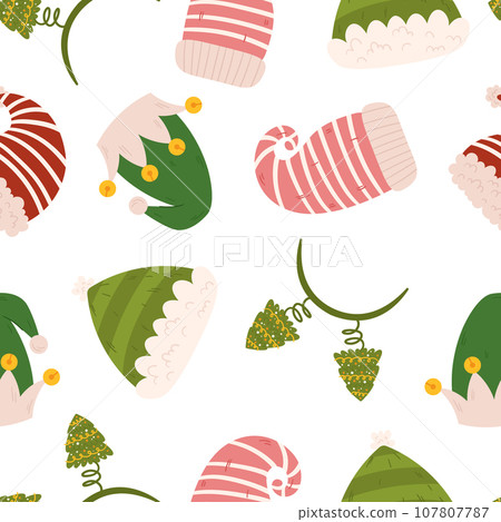 Cheerful Seamless Pattern with Christmas Hats, Spreading Festive Joy. Vibrant Colors And Playful Designs, Vector Tile Cheerful Seamless Pattern with Christmas Hats, Spreading Festive Joy. Vibrant Colors And Playful Designs, Vector Tile 107807787