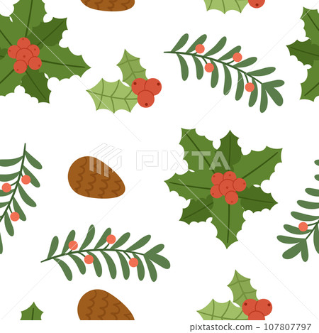 Festive Seamless Pattern Adorned With Christmas Plants Holly, Mistletoe, And Pine Cones, Creating A Timeless Design Festive Seamless Pattern Adorned With Christmas Plants Holly, Mistletoe, And Pine Cones, Creating A Timeless Design 107807797