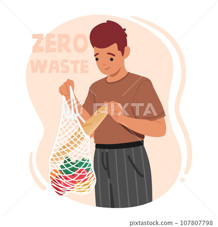 Vegan Man Carefully Places Groceries into His Eco-friendly, Reusable String Bag, Male Character Embracing Sustainability Vegan Man Carefully Places Groceries into His Eco-friendly, Reusable String Bag, Male Character Embracing Sustainability 107807798