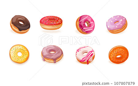 Realistic donuts. 3d donut in glaze sprinkles, glazed doughnut chocolate frosting or round cupcake colourful icing, creativity sweets fried pastry dessert exact vector illustration 107807879