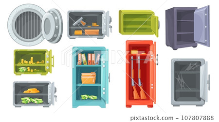 Cartoon open safes. Opened empty safe strongbox locker with money gold or guns, vault bank door for cash security, compact deposit box financial investment neat vector illustration 107807888