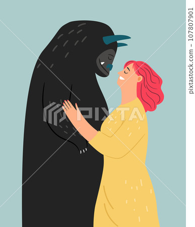Friendship with fear in the form of a friendly monster. Woman's triumph over her anxiety Friendship with fear in the form of a friendly monster. Woman's triumph over her anxiety 107807901