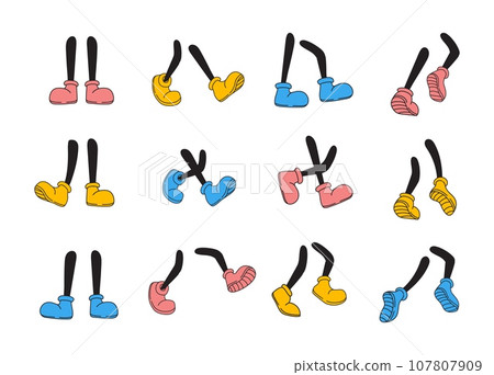 Comic feet. Cartoon legs in coloured sneakers shoe, comic foot step walk jumping run pose for dance, retro vintage character sketch leg footwear poses pink boot vector illustration 107807909
