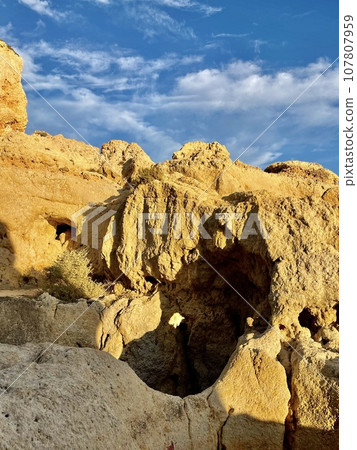 Reef formation from sandstone on the coast.Algar Seco, Carvoeiro. 107807959