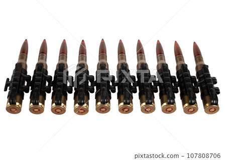 Ammunition belt with cartridges for heavy machine gun isolated on white. 107808706
