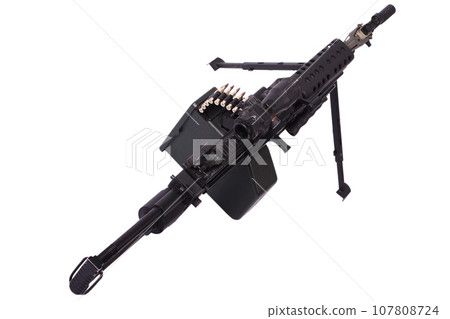M249 "Para" light machine gun SAW - Squad Automatic Weapon, widely used in the U.S. Armed Forces. Top view. 107808724