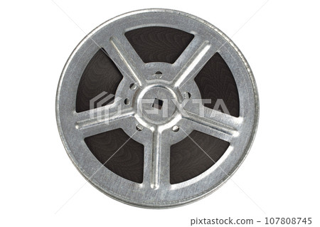 Vintage 16mm film reel and cine-film on white background isolated on white Vintage 16mm film reel and cine-film on white background isolated on white 107808745