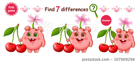 Cute fantasy monster alien and cherry berry fruit, find 7 difference education children puzzle game. Funny fictional humanoid mutant character. Compare picture. Kid logical learning worksheet vector Cute fantasy monster alien and cherry berry fruit, find 7 difference education children puzzle game. Funny fictional humanoid mutant character. Compare picture. Kid logical learning worksheet vector 107809298