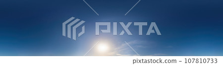 Dark blue sunset sky panorama with light Cirrus clouds. Seamless hdr 360 panorama in spherical equirectangular format. Full zenith for 3D visualization, sky replacement for aerial drone panoramas. 107810733
