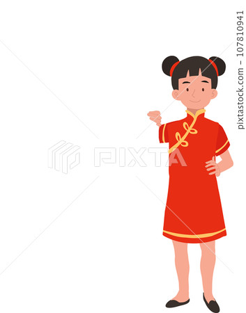 Joyful Child in Asian Traditional Clothing with Ad Banner, Copy Space Joyful Child in Asian Traditional Clothing with Ad Banner, Copy Space 107810941
