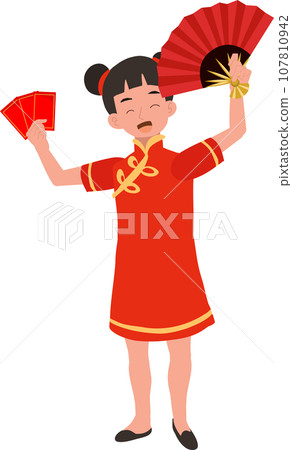 Festive Asian Celebration. Cute Kid in Traditional Chinese Outfit with Fan and Red Envelope Festive Asian Celebration. Cute Kid in Traditional Chinese Outfit with Fan and Red Envelope 107810942