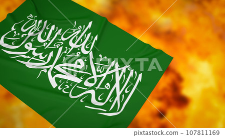 The Hamas flag on fire background 3d rendering The Hamas flag on fire background 3d rendering 107811169