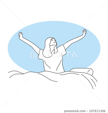 happy woman waking up on bed in the morning illustration vector hand drawn isolated on white background 107811306