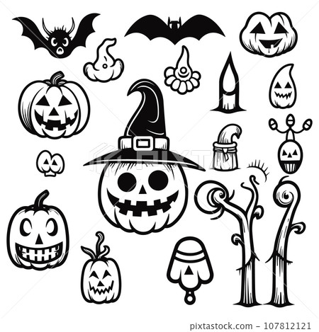 Halloween icons set in black and white colors Vector illustration. 107812121