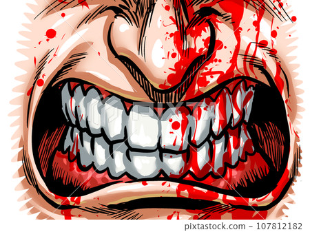 Gekiga-style cartoon illustration of violently grinding teeth 107812182
