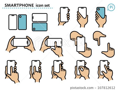 簡單的線條畫智慧型手機和手圖示集 107812612