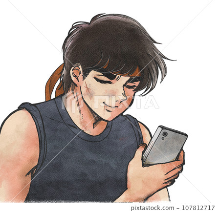 Illustration of a 90's battle manga main character style man holding a smartphone 107812717