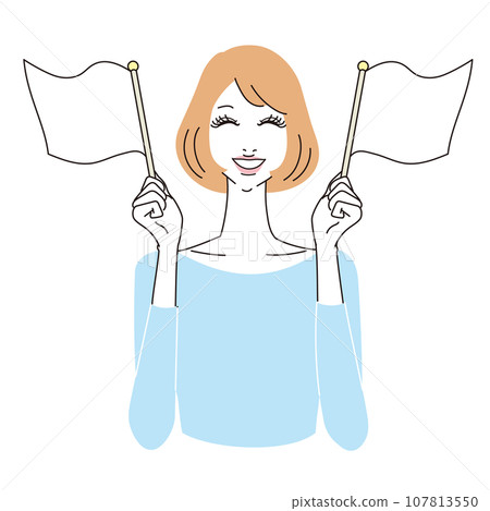 Upper body of a woman with bob hair holding a flag in both hands and cheering Upper body of a woman with bob hair holding a flag in both hands and cheering 107813550