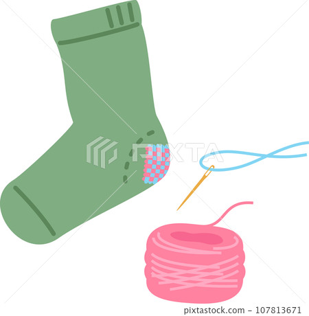 Socks with colorful darning, needles and thread Socks with colorful darning, needles and thread 107813671