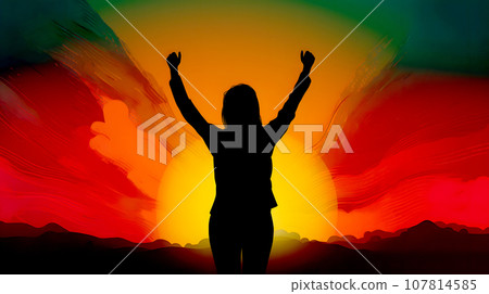 Women day wallpaper, a silhouette of a woman with her hands rised in the air on colorful red and yellow background, neural network generated image 107814585