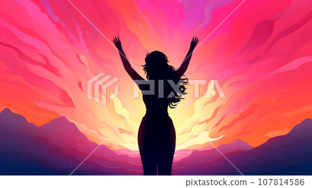 Women day wallpaper, a silhouette of a woman with her hands rised in the air on colorful red and yellow background, neural network generated image 107814586