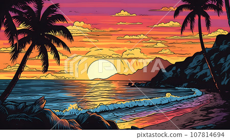 tropical paradise beach at sunset or sunrise in artistic 2d wall art drawing style, neural network generated image 107814694