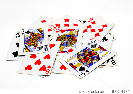 Playing cards isolated on white background with selective focus Playing cards isolated on white background with selective focus 107814925