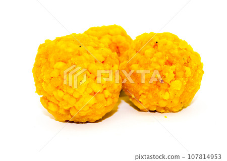 Boondi ladoo on white background with selective focus Boondi ladoo on white background with selective focus 107814953
