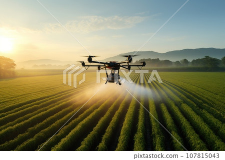 Ad style photo showing a drone spraying pesticide on a crop. Generative AI Ad style photo showing a drone spraying pesticide on a crop. Generative AI 107815043