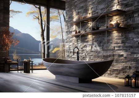 Floating Opulence a freestanding marble bathtub exuding a sense of luxury. Generative AI 107815157