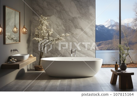 Sleek Minimalism A white marble bathtub with clean lines. Generative AI 107815164