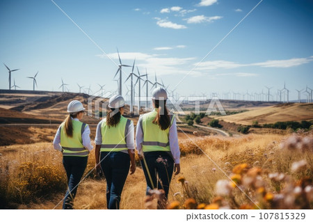 A modern wind farm backdrop team of lady engineers meeting. Generative AI 107815329