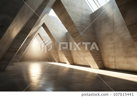The inside of an abstract concrete building with two rays of light hitting the floor. Generative AI 107815441