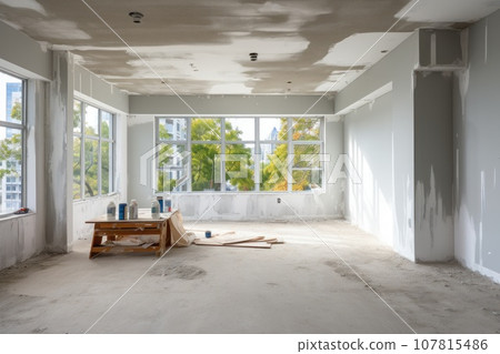 Renovation and modernization with flattened drywall walls in a condo room. Generative AI Renovation and modernization with flattened drywall walls in a condo room. Generative AI 107815486