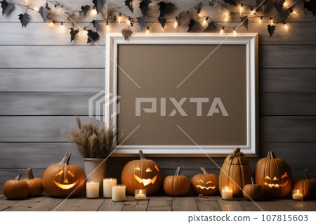 Mockup of scary pumpkins, candles, paper bats and leaves with empty frame. Generative AI 107815603