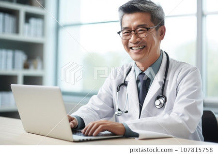 A middle age doctor writing on his laptop, looking at his laptop,background blur. Generative AI A middle age doctor writing on his laptop, looking at his laptop,background blur. Generative AI 107815758
