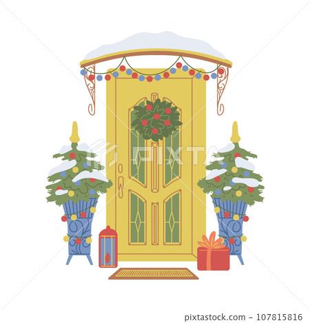 Christmas decorated door, flat vector illustration on white background Christmas decorated door, flat vector illustration on white background 107815816