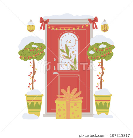 Entrance door with winter holidays decoration, pot plants and present box. Entrance door with winter holidays decoration, pot plants and present box. 107815817