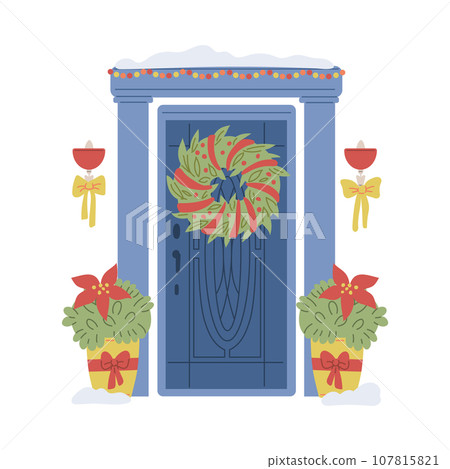 Door in Christmas decorated, flat cartoon vector illustration on white Door in Christmas decorated, flat cartoon vector illustration on white 107815821