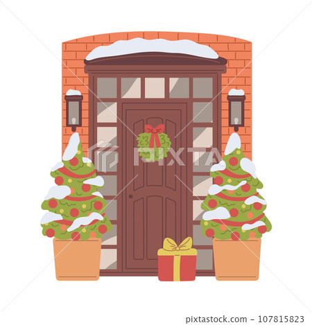 Winter decorated door, flat vector illustration on white background Winter decorated door, flat vector illustration on white background 107815823