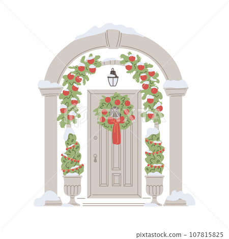 Beautiful winter arch with door, decorated with garlands and Christmas wreath 107815825