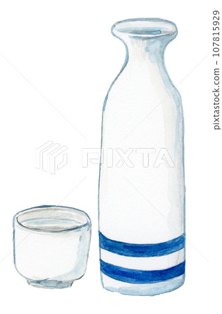 Hand-painted watercolor sake bottle and choko sake illustration 107815929